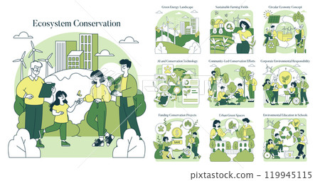 Ecosystem Conservation set. Diverse approaches to sustainability and ecosystem protection. Community, technology, and corporate responsibility themes. Vector illustration. Ecosystem Conservation set. Diverse approaches to sustainability and ecosystem protection. Community, technology, and corporate responsibility themes. Vector illustration. 119945115