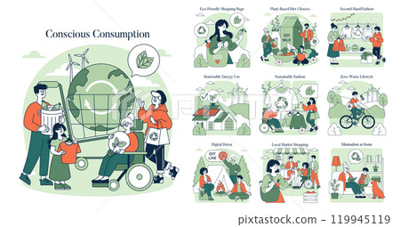 Conscious Consumption concept. Illustration depicts various sustainable lifestyle choices. Recycling, plant-based diet, renewable energy, and minimalism. Vector illustration. 119945119