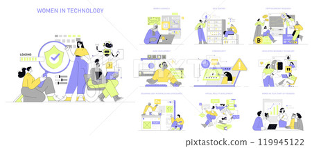 Women in Technology set. Diverse female professionals in tech roles, from AI leadership to cybersecurity. Innovation across various fields illustrated. Vector illustration. Women in Technology set. Diverse female professionals in tech roles, from AI leadership to cybersecurity. Innovation across various fields illustrated. Vector illustration. 119945122