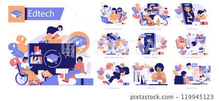 Edtech set. Modern educational technology and innovative learning methods. Diverse students using AI, VR, and online platforms for interactive study. Vector illustration. Edtech set. Modern educational technology and innovative learning methods. Diverse students using AI, VR, and online platforms for interactive study. Vector illustration. 119945123