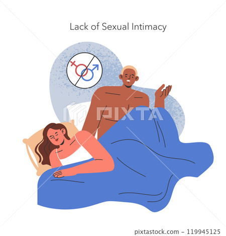 Infidelity concept. Illustration reflecting the emotional gap and missing sexual intimacy leading to cheating. Disconnected couple in bed. Vector illustration. 119945125