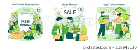 Green Monday set. Celebrating sustainable shopping and delivery practices with enthusiasm. Conscious consumerism, joyous engagement, and eco-friendly services. Vector illustration. 119945130