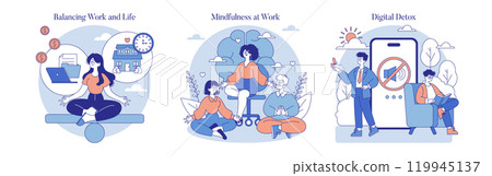 Work Burnout Prevention set. Strategies for life balance, mindful practices, and disconnecting from digital devices. Coping with stress through healthy routines. Vector illustration. Work Burnout Prevention set. Strategies for life balance, mindful practices, and disconnecting from digital devices. Coping with stress through healthy routines. Vector illustration. 119945137