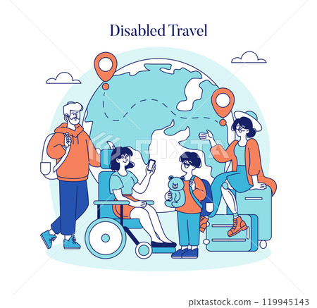 Disabled Travel concept. Inclusive tourism with group of friends, one using a wheelchair, planning a global trip. Adventure, accessibility, and companionship. Vector illustration. 119945143