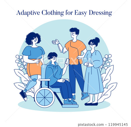 Adaptive clothing concept. Inclusive fashion for people with disabilities, showcased by diverse individuals with ease of dressing. Vector illustration. 119945145