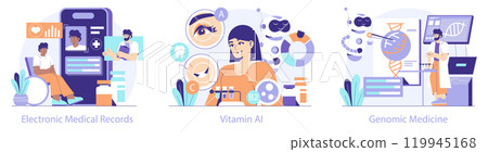 Healthtech set. Emerging technologies in healthcare with electronic records, vitamin supplements, and genomic medicine. Vector illustration. Healthtech set. Emerging technologies in healthcare with electronic records, vitamin supplements, and genomic medicine. Vector illustration. 119945168