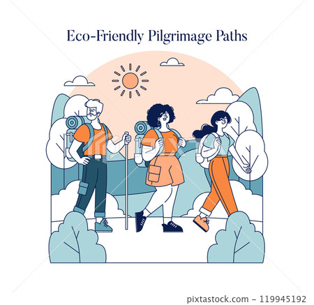 Pilgrimage illustration. Eco-conscious travelers on sustainable journey, connecting with nature on green trails. Vector illustration. 119945192