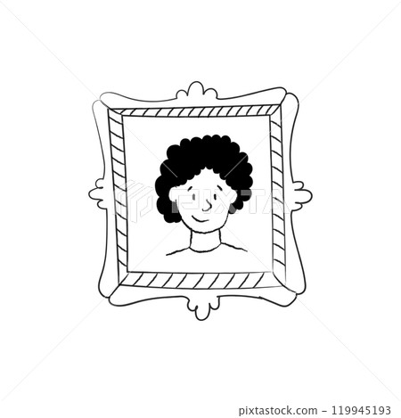 Black and white portrait of a curly hair woman in a vintage frame. A sketch of a hanging photo. A retro mirror and a person reflecting in it. 119945193