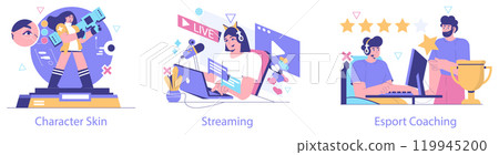 Esport set. Pro gamer character skin customization, live streaming session, and interactive esports coaching scene. Connected gaming culture. Vector illustration. 119945200