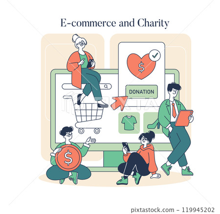 Giving Tuesday concept. Illustration of online shoppers and donations integrating charity with e-commerce. People making a digital contribution. Vector illustration. 119945202