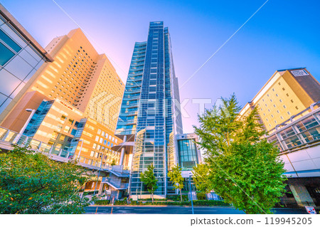Yokohama cityscape in Japan in November. Early morning at Sakuragicho Station South ticket gate (East exit) where Fujisoft and Washington Hall can be seen = 3rd Yokohama cityscape in Japan in November. Early morning at Sakuragicho Station South ticket gate (East exit) where Fujisoft and Washington Hall can be seen = 3rd 119945205