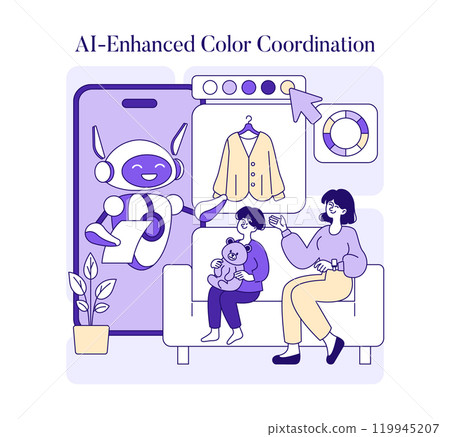 AI stylist concept. A woman interacts with a virtual fashion assistant on her smartphone for outfit selection. Technology in personalized wardrobe management. Vector illustration. 119945207