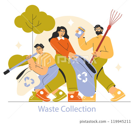 Waste Collection concept. Team of people engaging in recycling to protect the environment. Community clean-up, eco-friendly mindset. Vector illustration. Waste Collection concept. Team of people engaging in recycling to protect the environment. Community clean-up, eco-friendly mindset. Vector illustration. 119945211