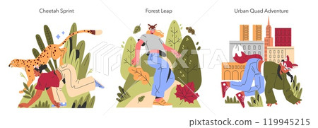 Quadrobics set. Engaging in creative workouts,...-插圖素材 [119945215 ...