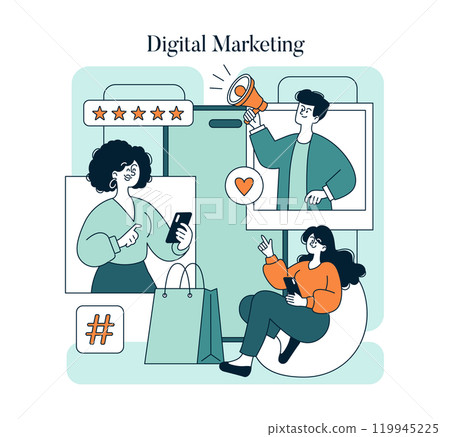 Small Business Saturday concept. Consumers shop local as businesses promote deals through digital marketing. Support local economy. Vector illustration. Small Business Saturday concept. Consumers shop local as businesses promote deals through digital marketing. Support local economy. Vector illustration. 119945225