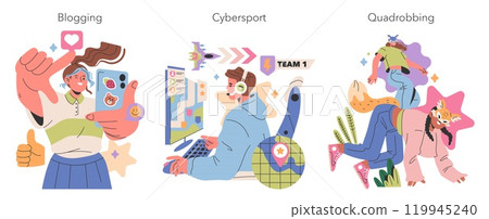 Gen Z Hobbies set. Social media blogging, competitive esports gaming, outdoor quadrobiking. Engaging leisure activities for modern youth. Vector illustration. Gen Z Hobbies set. Social media blogging, competitive esports gaming, outdoor quadrobiking. Engaging leisure activities for modern youth. Vector illustration. 119945240