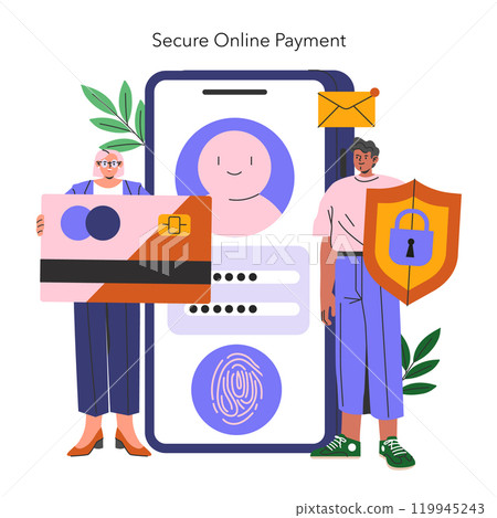 Secure online payment concept. Digital transaction and data protection with characters holding a credit card and shield. Vector illustration. Secure online payment concept. Digital transaction and data protection with characters holding a credit card and shield. Vector illustration. 119945243
