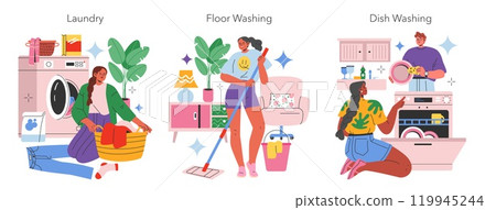House Cleaning set. Activities of laundry, floor washing, dish washing depicted by cheerful characters in a home setting. Everyday chores with style and ease. Vector illustration. House Cleaning set. Activities of laundry, floor washing, dish washing depicted by cheerful characters in a home setting. Everyday chores with style and ease. Vector illustration. 119945244