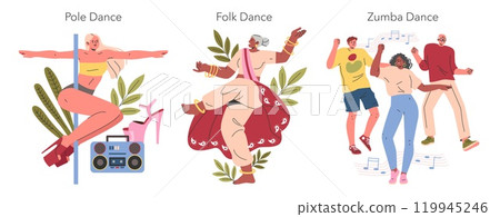Dance Hobby set. Diverse dancing styles featuring pole, folk, and Zumba dancers in action. Expressive movement and cultural diversity celebration. Vector illustration. 119945246