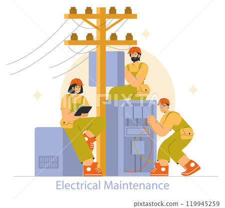 Electrical Maintenance concept. Technicians working on power line and electrical equipment. Safety-first attitude in power industry vector illustration. Electrical Maintenance concept. Technicians working on power line and electrical equipment. Safety-first attitude in power industry vector illustration. 119945259
