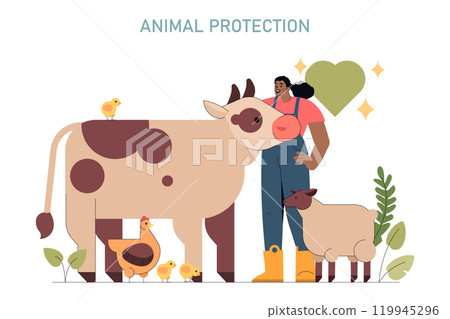 World Vegan Day concept. Woman standing with farm animals promoting compassion and animal rights. Advocacy for ethical treatment of livestock. Vector illustration. 119945296