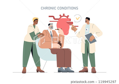 Healthcare professionals discuss chronic heart conditions with a patient. Patient education and medical team collaboration. Vector illustration. Healthcare professionals discuss chronic heart conditions with a patient. Patient education and medical team collaboration. Vector illustration. 119945297