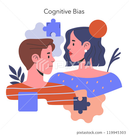 Cognitive Bias concept. Man and woman with puzzle pieces illustrating mental distortions. Perception, judgment, decision making challenges. Vector illustration. Cognitive Bias concept. Man and woman with puzzle pieces illustrating mental distortions. Perception, judgment, decision making challenges. Vector illustration. 119945303