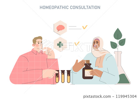 Homeopathy consultation concept. Patient receiving natural remedies advice from a smiling practitioner. Holistic medicine and wellness approach. Vector illustration. Homeopathy consultation concept. Patient receiving natural remedies advice from a smiling practitioner. Holistic medicine and wellness approach. Vector illustration. 119945304