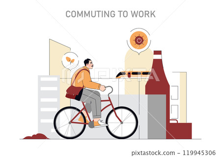 Cycling to Work concept. An urban commuter rides a bicycle through the cityscape, embracing an eco-friendly mode of transport for daily routine. Vector illustration. 119945306