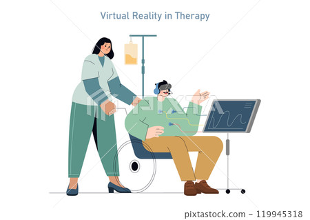 Patient-centric care concept. Virtual reality assists patient therapy with a nurse supervising recovery progress. Medical innovation for treatment. Vector illustration. 119945318