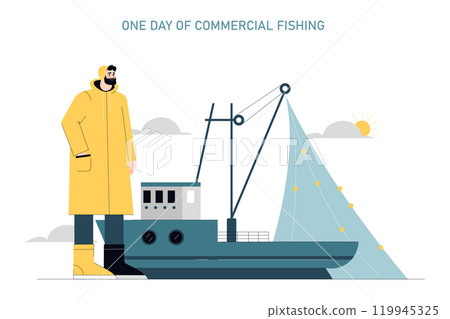 Commercial Fishing concept. Fisher next to a trawler with nets set against the sunrise at sea. Everyday working life, seafood industry. Vector illustration. Commercial Fishing concept. Fisher next to a trawler with nets set against the sunrise at sea. Everyday working life, seafood industry. Vector illustration. 119945325