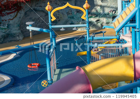 Water Park Slide Pool Children - Blue Pool with Water Slide and Play Structure for Kids - Children's Water Park with a Large Slide and a Pool 119945405