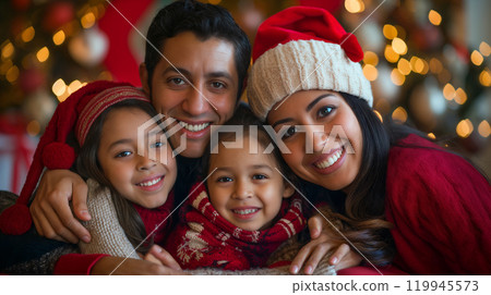 A family embraces each other in festive clothing during Christmas holiday gathering with decorations in the background 119945573