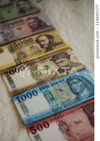 Mixed denomination forint currency notes in Hungary. 119945577