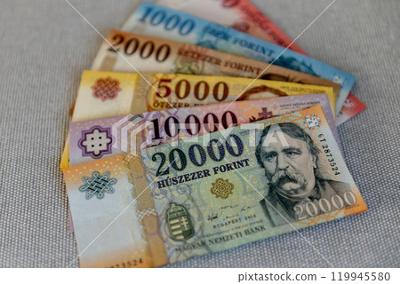 Mixed denomination forint currency notes in Hungary. Mixed denomination forint currency notes in Hungary. 119945580
