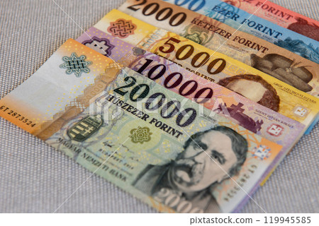 Mixed denomination forint currency notes in Hungary. Mixed denomination forint currency notes in Hungary. 119945585
