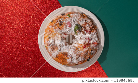 Portuguese Chrismas cake Bolo Rei on red Portuguese Chrismas cake Bolo Rei on red 119945693