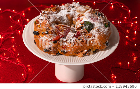 Chrismas cake Bolo Rei on red Chrismas cake Bolo Rei on red 119945696