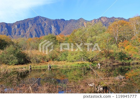 Autumn in Akiyamago: Lake Tenchi and Mount Torikabu Autumn in Akiyamago: Lake Tenchi and Mount Torikabu 119945777