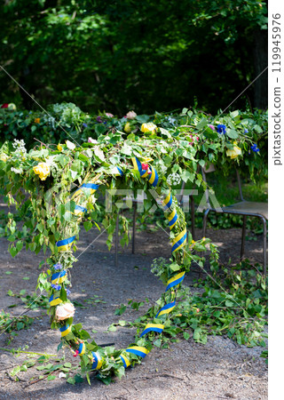 decorated Midsummer tree in Sweden, Varmdo 119945976