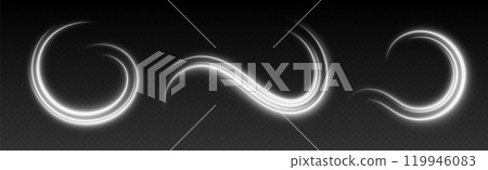 Glowing white light swirls with smooth, flowing curves. Light effect in motion concept. Glowing white light swirls with smooth, flowing curves. Light effect in motion concept. 119946083