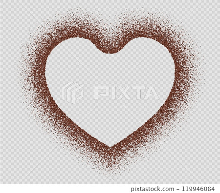 Coffee frame, chocolate border, ground arabica powder in heart and star shapes. 119946084