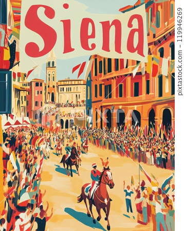 In the heart of Siena, spectators gather to witness the thrilling Palio di Siena horse race, a lively tradition steeped in history, with colorful flags and festive atmosphere surrounding the square. 119946269