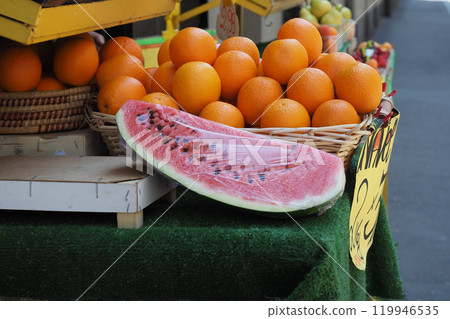 fruit including oranges and watermelon 119946535