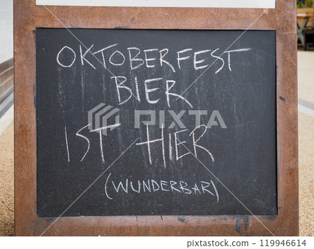 Oktoberfest beer is here sign Oktoberfest beer is here sign 119946614