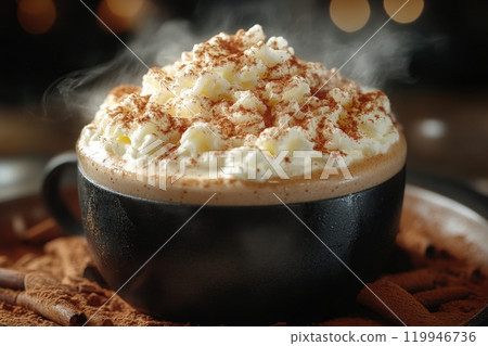 A delightful cup of hot chocolate sits on a surface dusted with cocoa, topped with fluffy whipped cream and a sprinkle of cocoa powder, while steam rises, creating a warm, inviting ambiance. A delightful cup of hot chocolate sits on a surface dusted with cocoa, topped with fluffy whipped cream and a sprinkle of cocoa powder, while steam rises, creating a warm, inviting ambiance. 119946736