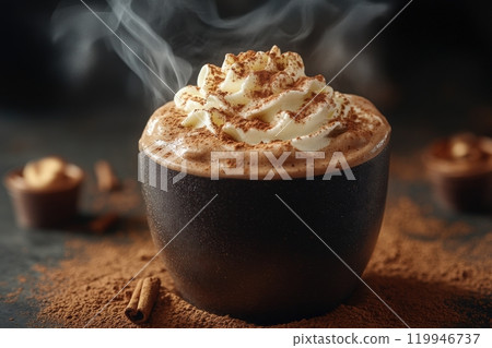 A steaming cup of hot chocolate sits on a dark countertop, richly topped with whipped cream and sprinkled with cinnamon. The delicious aroma fills the air, inviting warmth and comfort. A steaming cup of hot chocolate sits on a dark countertop, richly topped with whipped cream and sprinkled with cinnamon. The delicious aroma fills the air, inviting warmth and comfort. 119946737