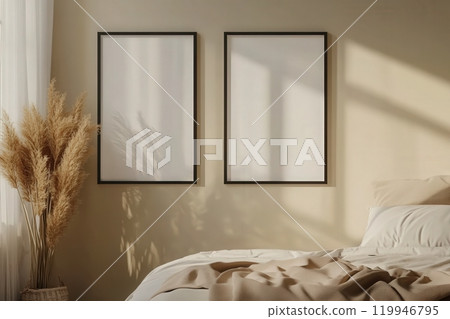 Two empty square black frames are positioned side by side on a soft beige wall. Sunlight gently illuminates a cozy bed adorned with plush bedding, creating a warm atmosphere. 119946795