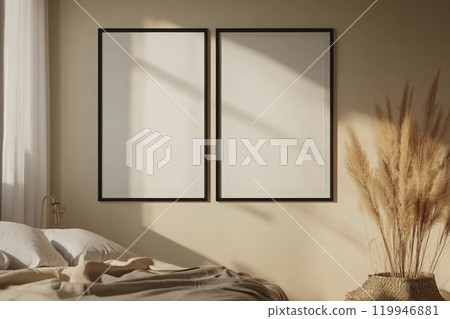 Two black framed squares hang side by side on a light-colored wall in a serene bedroom. Soft natural light filters through curtains, enhancing the cozy atmosphere with decorative elements nearby. 119946881
