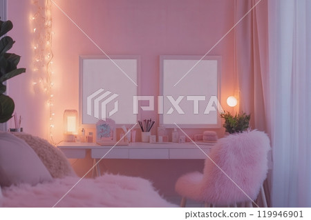 A cozy room features two empty white square frames positioned side by side on a minimalist vanity. Soft pink lighting creates a warm ambiance, enhancing the tranquil atmosphere of the space. 119946901